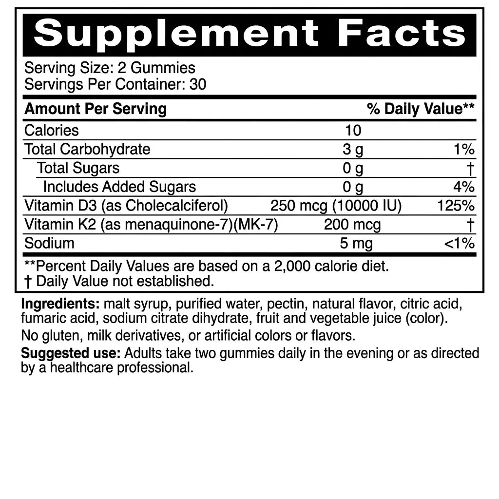 Supplement facts label for gummy vitamins on a white background