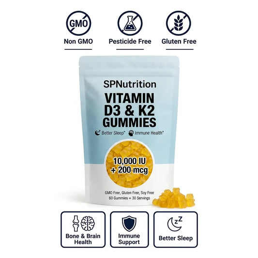 SPNutrition Vitamin D3 & K2 Gummies in a light blue and white stand-up pouch, shown with several yellow gummies and feature icons for Non GMO, Pesticide Free, Gluten Free, Bone & Brain Health, Immune Support, and Better Sleep on a white background.