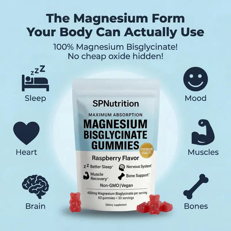 SP Nutrition Magnesium Bisglycinate Gummies packaging with health benefits icons