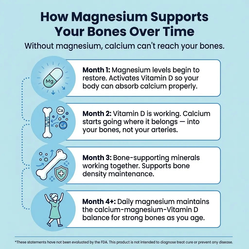 Infographic explaining how magnesium supports bone health over time