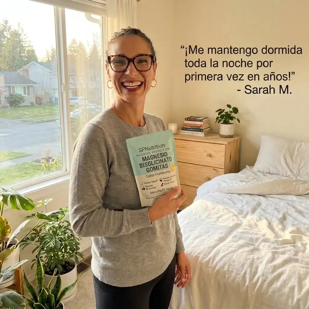 Woman holding a supplement container in a bedroom with a quote on the wall.